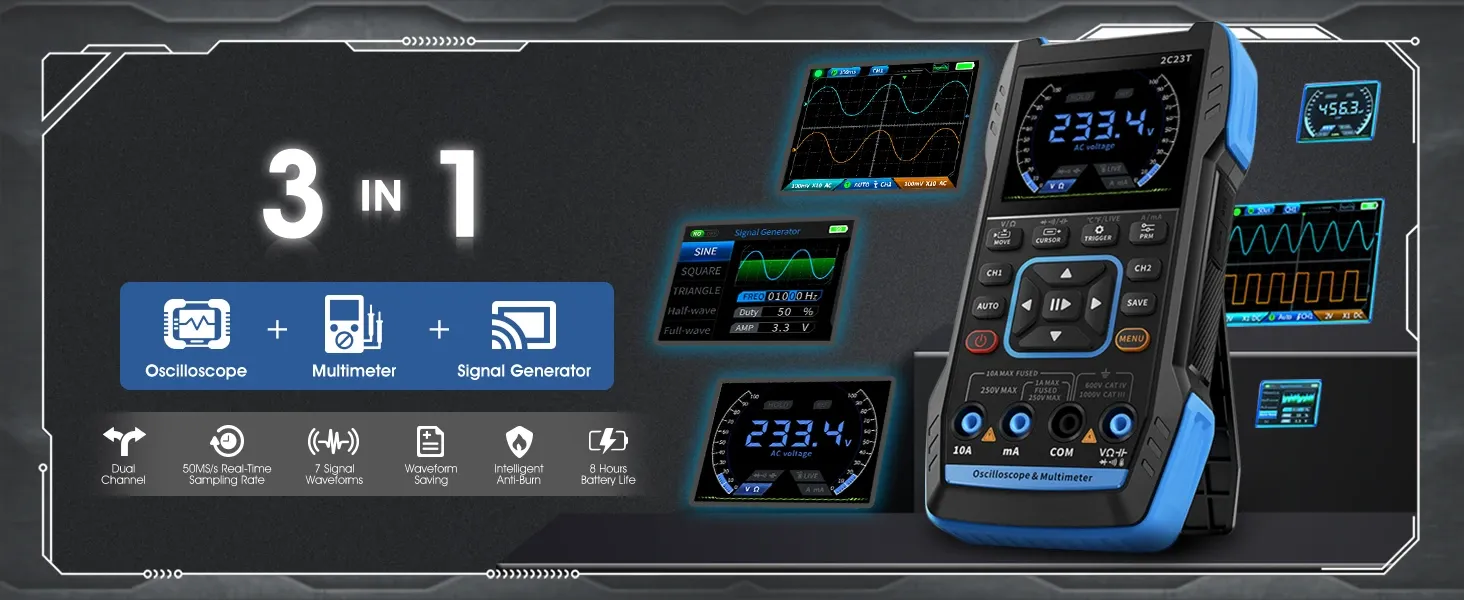 Portable 3-in-1 electronics diagnostic tool combining oscilloscope, multimeter and signal generator, shown with screen interface close-ups and feature icons on a dark technical background.